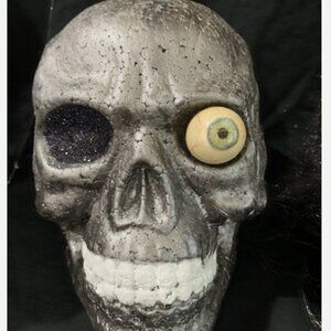Styrofoam Silver Skull Head w/ green eyes, grinning, Halloween, Goth, Skeleton